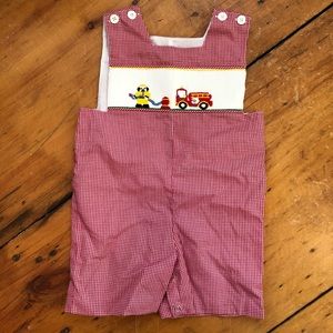 Smocked fire truck shortall